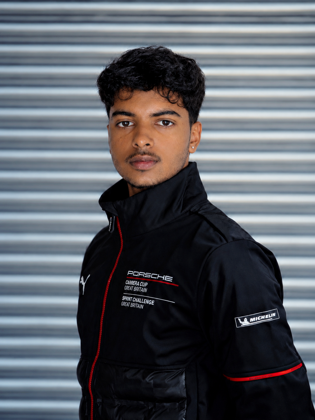 Avi Malavalli watching the track in his racing helmet